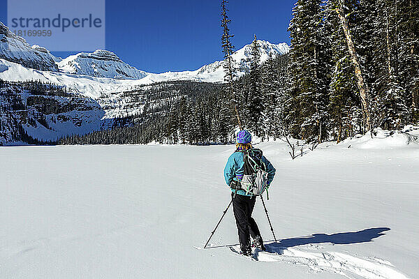 Frau beim Schneeschuhwandern auf einem unberührten schneebedeckten See mit schneebedeckten Rocky Mountains im Banff National Park; Lake Louise  Alberta  Kanada