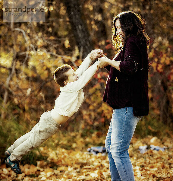 Eine Mutter verbringt viel Zeit mit ihrem kleinen Sohn und schaukelt mit ihm während eines Familienausflugs in einem Stadtpark im Herbst; Edmonton  Alberta  Kanada