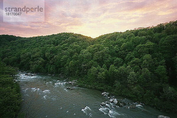 Youghiogheny River fließt durch einen Wald im Ohiopyle State Park in der Dämmerung  Maryland  USA; Frostburg  Maryland  Vereinigte Staaten von Amerika