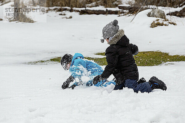 Zwei Jungen spielen im Schnee in einem Bergdorf; Fairmont Hot Springs  British Columbia  Kanada