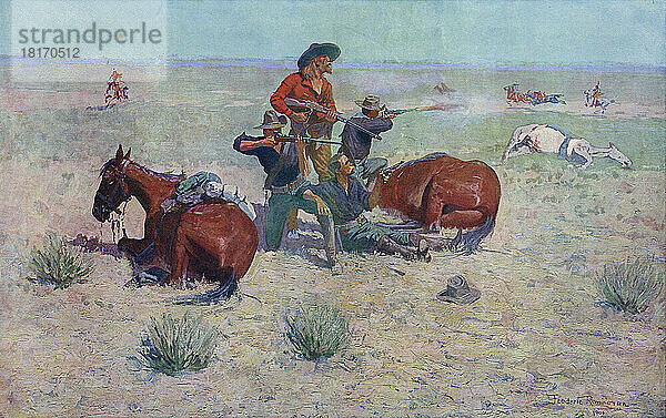 Gefangen im Kreis. Indianer umkreisen Cowboys. Nach einem Werk des amerikanischen Künstlers Frederic Sackrider Remington  1861 - 1909.