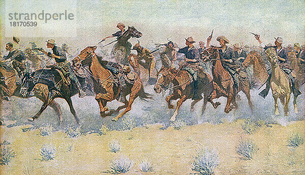 Die Anklage. Nach einem Werk des amerikanischen Künstlers Frederic Sackrider Remington  1861 - 1909. Eine Einheit der amerikanischen Kavallerie stürmt auf eine indianische Kriegstruppe zu. Dieses Gemälde wurde 1906 vom Knickerboker Hotel in New York City in Auftrag gegeben.