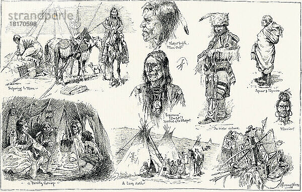 In den Logen der Blackfeet-Indianer. Nach einem Werk des amerikanischen Künstlers Frederic Sackrider Remington  1861 - 1909. Eine Montage von Skizzen  die die Gesellschaft der Blackfeet-Indianer widerspiegeln.