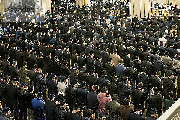 Große Gruppe muslimischer Männer  die beim Gebet in der Achmad-Kadyrow-Moschee in Reihen stehen; Grosny  Tschetschenien  Russland