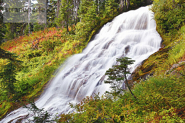 Die Herbstfarben verleihen den Umbrella Falls im Mount Hood National Forest  Oregon  USA  ihre Schönheit; Oregon  Vereinigte Staaten von Amerika