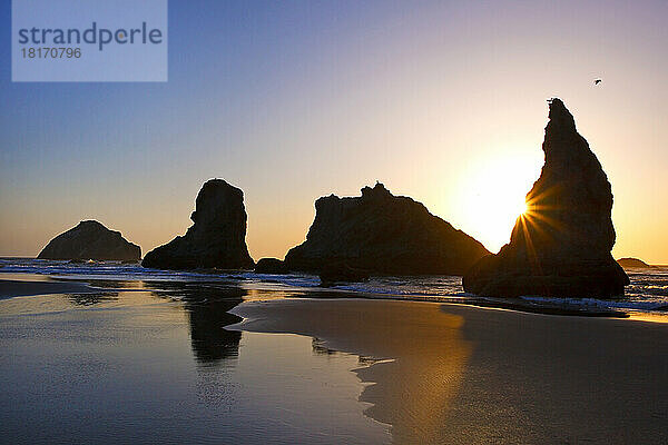 Silhouettierte Felsformationen am Bandon Beach bei Sonnenuntergang und Ebbe  Küste von Oregon; Oregon  Vereinigte Staaten von Amerika