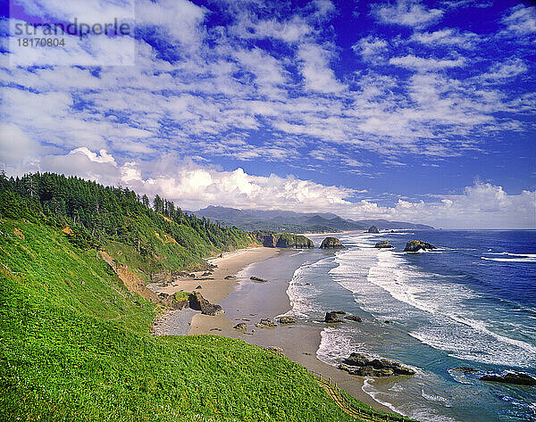 Crescent Beach mit Blick nach Süden zum Haystack Rock  Ecola State Park  Oregon Coast  Pazifischer Nordwesten; Oregon  Vereinigte Staaten von Amerika