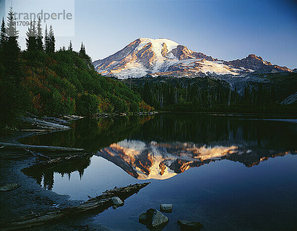 Mount Rainier und Wald spiegeln sich im ruhigen Wasser eines Sees im Mount Rainier National Park; Washington  Vereinigte Staaten von Amerika