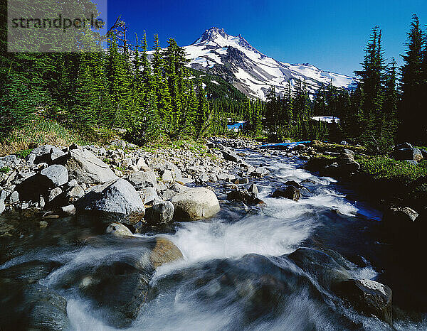 Winding Creek Below Snow-Capped Mountain  Mount Jefferson Wilderness in Oregon  USA; Oregon  Vereinigte Staaten von Amerika