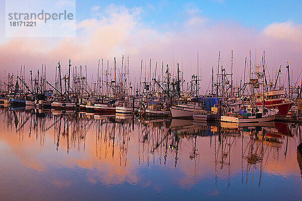 Sonnenaufgangslicht durch Morgennebel und Fischerboote  die sich spiegelbildlich im Wasser im Hafen von Newport an der Küste von Oregon spiegeln; Newport  Oregon  Vereinigte Staaten von Amerika