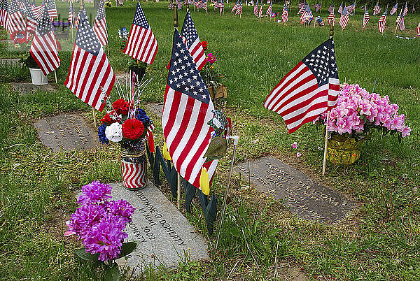 Fahnen zum Gedenken an verstorbene Soldaten und Soldatinnen am Memorial Day; Arlington  Massachusetts.