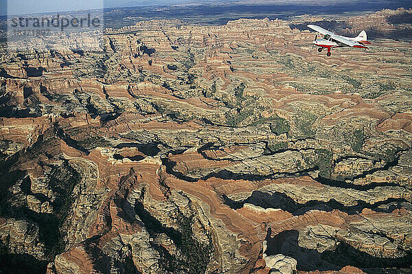 Ein kleines Flugzeug fliegt über dem Canyonlands National Park; Utah  Vereinigte Staaten von Amerika