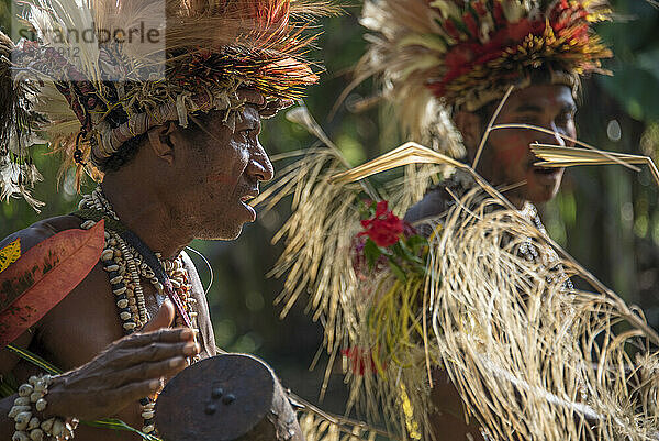 Papua-Neuguinea Männer vom Stamm der Yari Yari in der Region Kofure üben auf Trommeln während eines Sing-sing; Kofure  Karafe District  Papua-Neuguinea