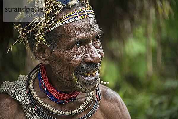 Mitglied des Huli-Stammes mit Perücke im Tari-Tal im südlichen Hochland von Papua-Neuguinea; Tigibi  südliches Hochland  Papua-Neuguinea