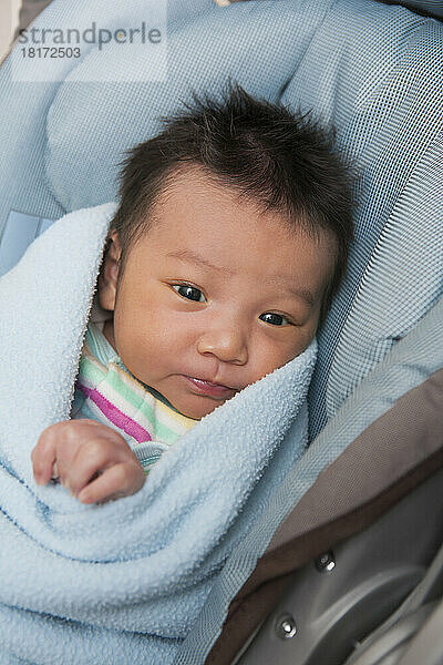 Close-up portrait of swaddled two week old  newborn Asian baby girl  lying in car seat