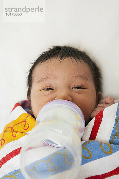 Nahaufnahme eines zwei Wochen alten  neugeborenen asiatischen Mädchens  eingewickelt in eine bunte Puckdecke  das aus einer Babyflasche trinkt  Studioaufnahme