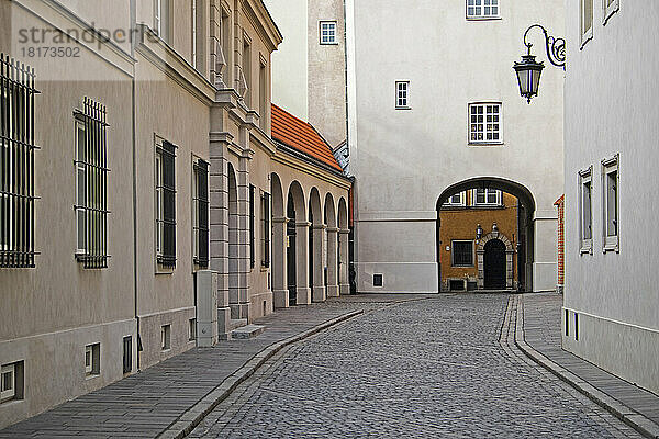 Kopfsteinpflasterstraße mit Durchgang durch Gebäude  Stare Miasto  Warschau  Polen