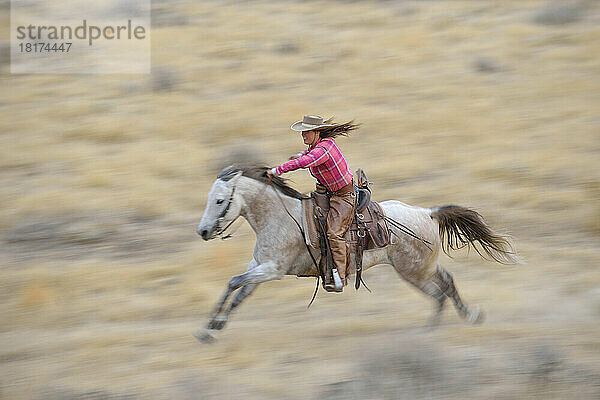 Verschwommene Bewegung eines Cowgirls auf einem Pferd  das in der Wildnis galoppiert  Rocky Mountains  Wyoming  USA
