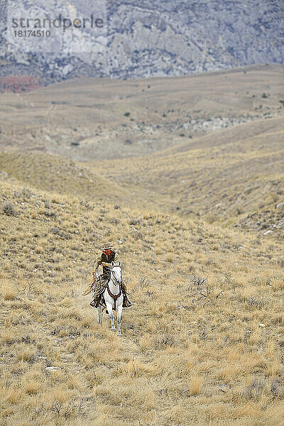 Cowboy reitet Pferd in der Wildnis  Rocky Mountains  Wyoming  USA