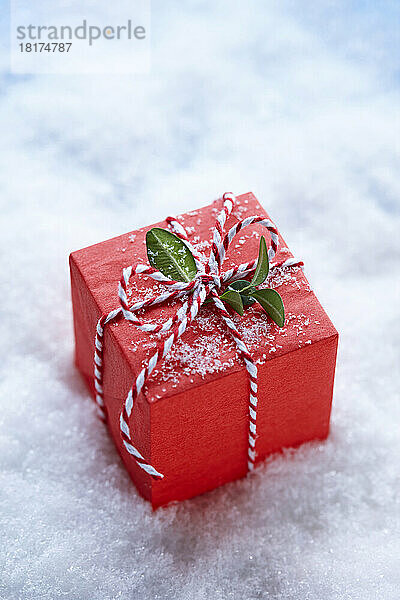 Rote Weihnachtsgeschenkbox mit Buchsbaumblättern und Zuckerstangenband auf der Schneeoberfläche