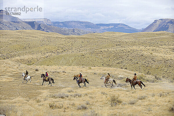Cowboys und Cowgirls reiten in der Wildnis  Rocky Mountains  Wyoming  USA