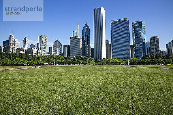 Skyline der Stadt vom Butler Field im Grant Park  Chicago  Illinois  USA