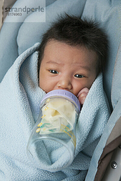 Nahaufnahme eines gewickelten zwei Wochen alten  neugeborenen asiatischen Mädchens  das im Autositz liegt und aus einer Babyflasche trinkt