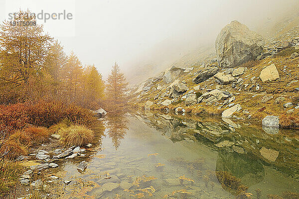 Bergsee mit Nebel im Herbst  Grindjesee  Findeln  Zermatt  Alpen  Wallis  Schweiz