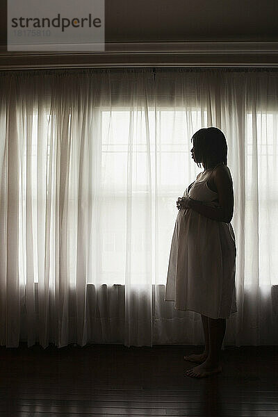 Silhouette einer schwangeren Frau  die aus dem Fenster schaut