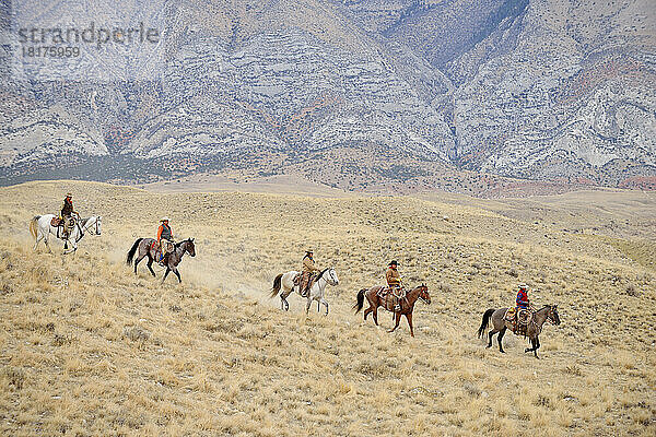 Cowboys und Cowgirls reiten in der Wildnis  Rocky Mountains  Wyoming  USA