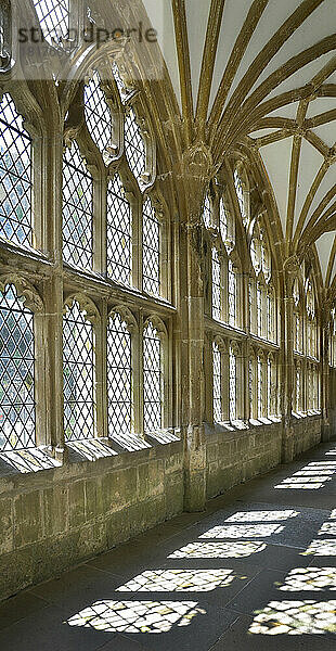 Blick auf den sonnendurchfluteten Durchgang mit Licht aus den Fenstern  das Schatten auf dem Boden in der Wells Cathedral in Somerset  England  erzeugt