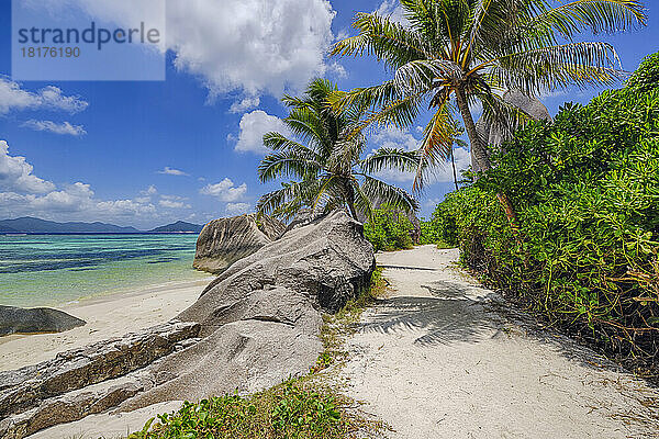 Fußweg durch Felsen und Palmen  Anse Source d´Argent  La Digue  Seychellen