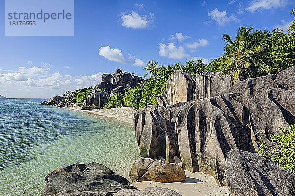 Felsformationen und Palmen  Anse Source d´Argent  La Digue  Seychellen