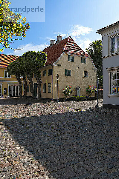 Typische bemalte Häuser und Kopfsteinpflasterstraße  Dorf Aeroskobing  Insel Aero  Halbinsel Jütland  Region Syddanmark  Dänemark  Europa