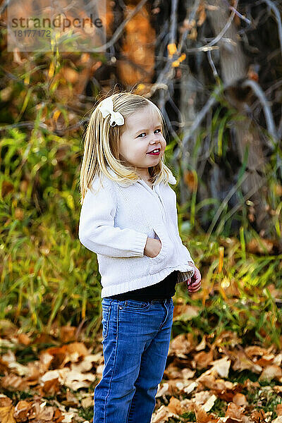 Porträt eines jungen Mädchens während eines Familienausflugs im Stadtpark während der Herbstsaison; St. Albert  Alberta  Kanada