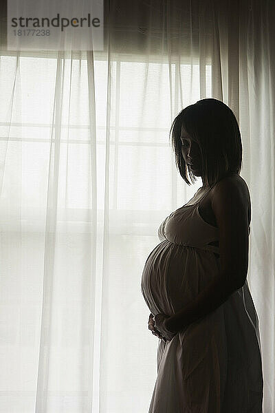 Silhouette einer schwangeren Frau  die am Fenster steht