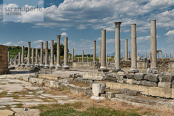 Saeulen der Kolonnadenstrasse in Ruinen der roemischen Stadt Perge  Antalya  Türkei |columns of collonnaded street ruins of the Roman city of Perge  Antalya  Turkey|