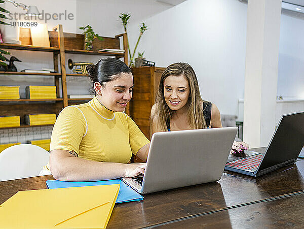 Lächelnde Geschäftsfrauen  die am Laptop am Tisch arbeiten