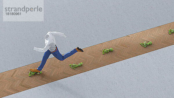 Unsichtbare Person läuft auf pflanzenförmigen Fußabdrücken  die sich über den Parkettboden erstrecken