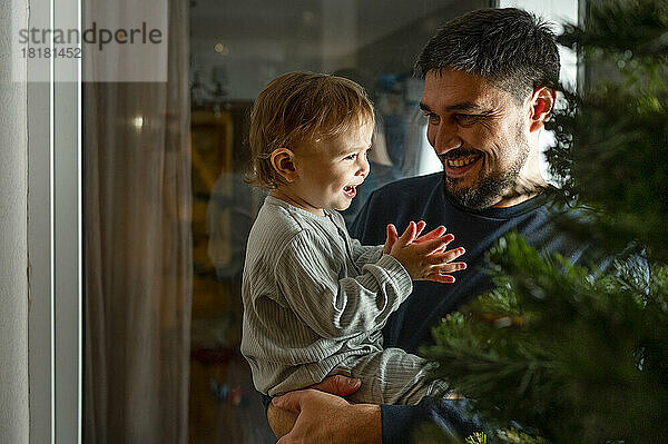 Glücklicher Vater und Sohn betrachten die Weihnachtsdekoration zu Hause