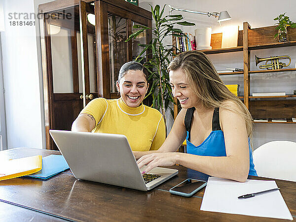 Glückliche Geschäftsfrau mit Laptop  die neben einem Kollegen am Tisch sitzt