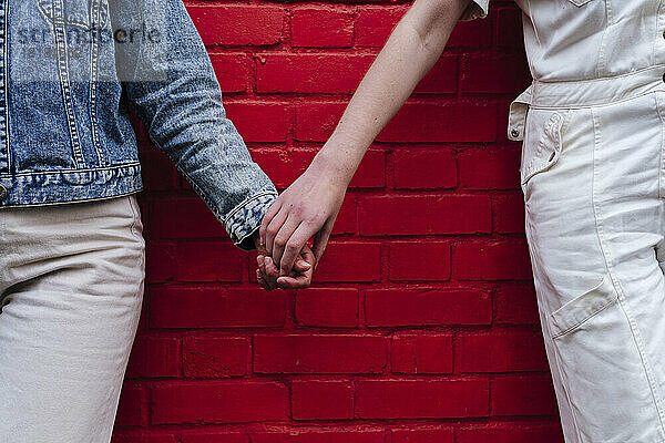 Gay couple holding hands in front of wall