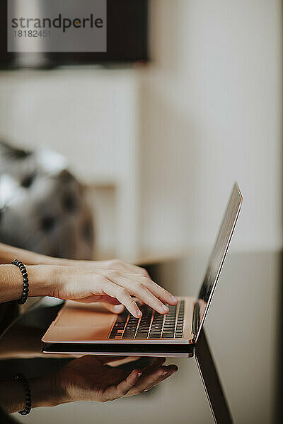 Hände eines Teenagers  der zu Hause auf dem Laptop tippt