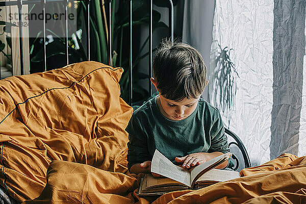 Netter Junge  der zu Hause im Bett ein Buch liest