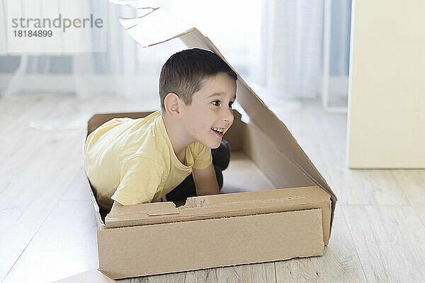 Cute playful boy hiding in cardboard box at home