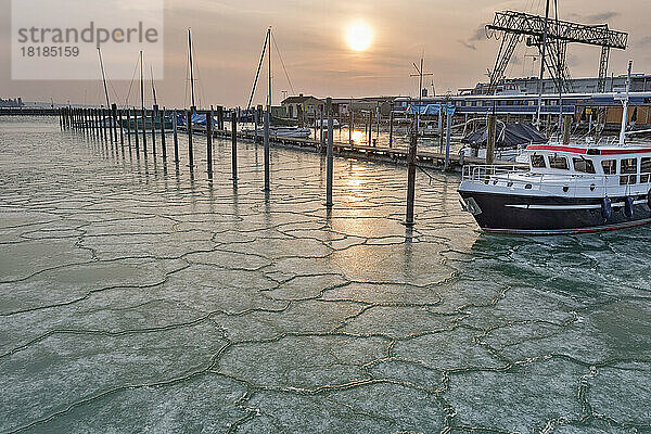 Germany  Baden-Wuerttemberg  Lake Constance  Constance  ice floes around ship and empty jetties with dolphins in the harbor at sunrise