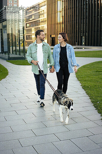 Paar hält sich an den Händen und geht mit Hund auf Fußweg spazieren
