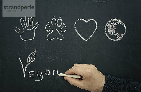 Mann zeichnet veganes Konzept auf Tafel  Nahaufnahme
