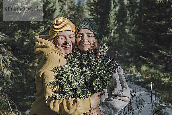 Lächelnde Freunde mit Fichtenzweigen  die sich im Wald umarmen