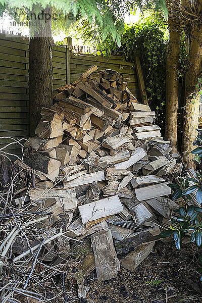 Haufen Brennholz liegt im Hinterhof